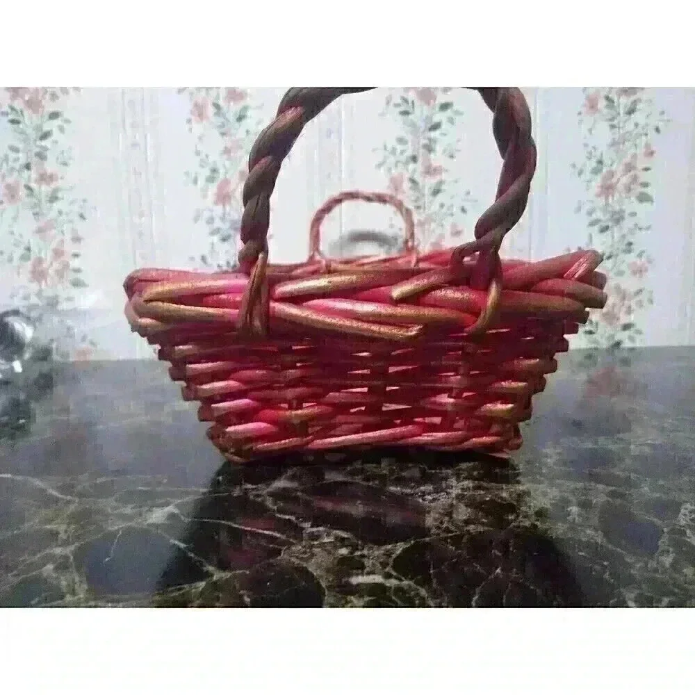 Vintage Wicker Basket Pink & Bronze Decorative Storage